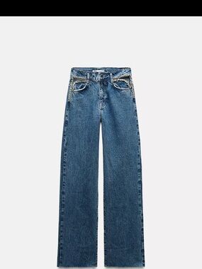 Zara Blue Wide-Leg Jeans with Pearl Embellished Waist